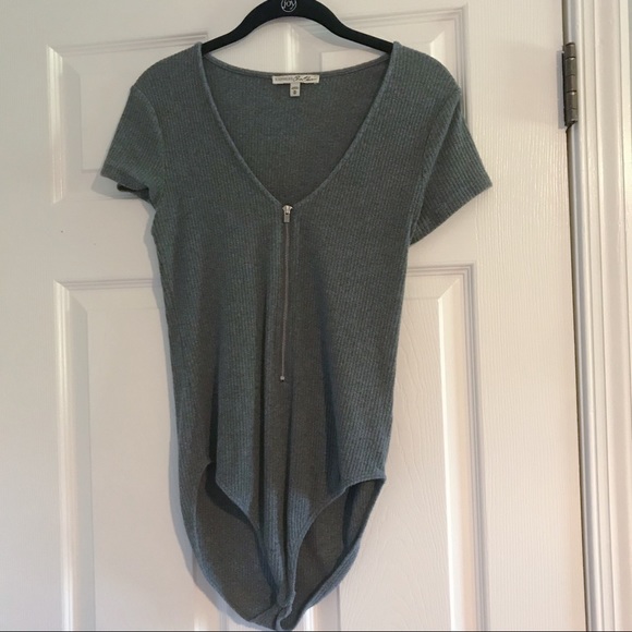 Express Tops - Express Gray Zip Up Bodysuit